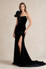 One - Shoulder Mermaid Satin Wedding Dress with Slit in Black - KISS BRIDAL Wedding Dresses