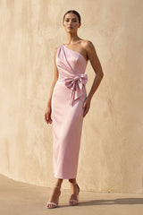 One Shoulder Midi Dress With Bow in Pink - KISSBRIDAL