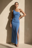 One Shoulder Midi Dress with Slit in Steel Blue - KISSBRIDAL