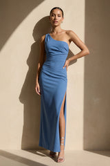 One Shoulder Midi Dress with Slit in Steel Blue - KISSBRIDAL