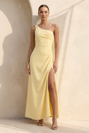 One Shoulder Midi Dress with Slit in Yellow - KISSBRIDAL