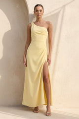 One Shoulder Midi Dress with Slit in Yellow - KISSBRIDAL