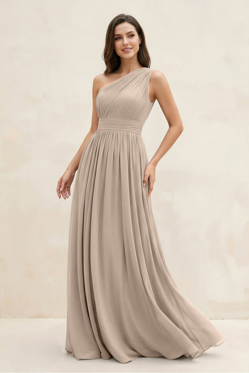 One - Shoulder Pleated A - Line Chiffon Bridesmaid Dress in Almond - KISS BRIDAL Bridesmaid Dresses