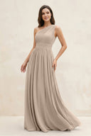 One - Shoulder Pleated A - Line Chiffon Bridesmaid Dress in Almond - SHE IS ME Bridesmaid Dresses