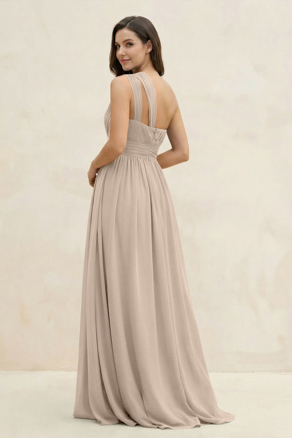 One - Shoulder Pleated A - Line Chiffon Bridesmaid Dress in Almond - SHE IS ME Bridesmaid Dresses