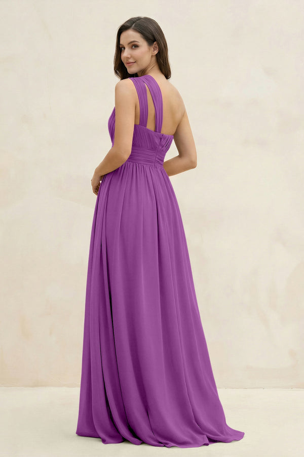 One - Shoulder Pleated A - Line Chiffon Bridesmaid Dress in Amethyst - SHE IS ME Bridesmaid Dresses
