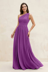 One - Shoulder Pleated A - Line Chiffon Bridesmaid Dress in Amethyst - KISS BRIDAL Bridesmaid Dresses