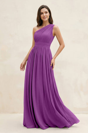 One - Shoulder Pleated A - Line Chiffon Bridesmaid Dress in Amethyst - SHE IS ME Bridesmaid Dresses
