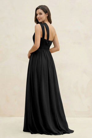 One - Shoulder Pleated A - Line Chiffon Bridesmaid Dress in Black - SHE IS ME Bridesmaid Dresses