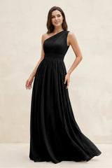 One - Shoulder Pleated A - Line Chiffon Bridesmaid Dress in Black - KISS BRIDAL Bridesmaid Dresses