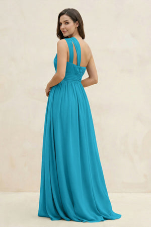One - Shoulder Pleated A - Line Chiffon Bridesmaid Dress in Blue Jay - SHE IS ME Bridesmaid Dresses