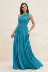 One - Shoulder Pleated A - Line Chiffon Bridesmaid Dress in Blue Jay - KISS BRIDAL Bridesmaid Dresses