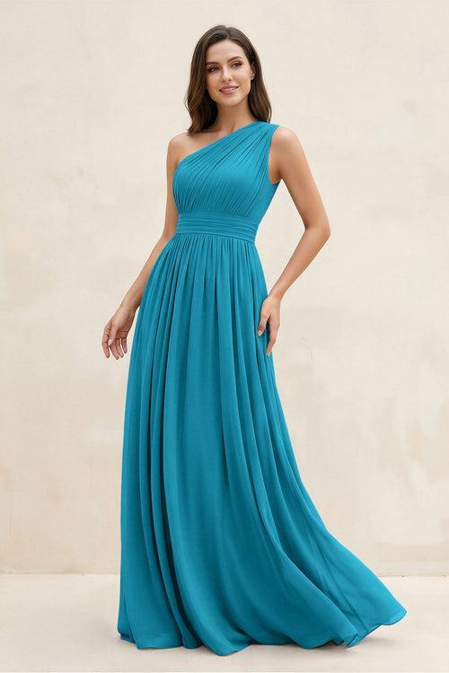 One - Shoulder Pleated A - Line Chiffon Bridesmaid Dress in Blue Jay - SHE IS ME Bridesmaid Dresses