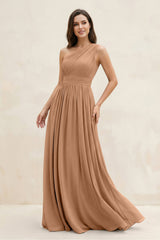 One - Shoulder Pleated A - Line Chiffon Bridesmaid Dress in Bronzer - KISS BRIDAL Bridesmaid Dresses