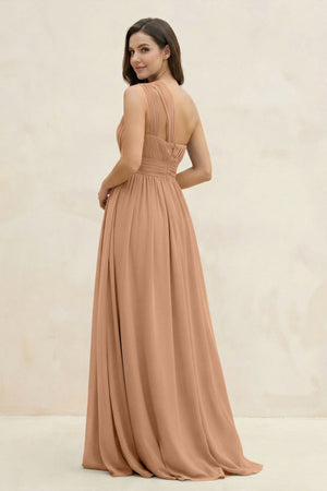 One - Shoulder Pleated A - Line Chiffon Bridesmaid Dress in Bronzer - SHE IS ME Bridesmaid Dresses