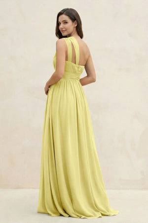 One - Shoulder Pleated A - Line Chiffon Bridesmaid Dress in Buttercup - SHE IS ME Bridesmaid Dresses
