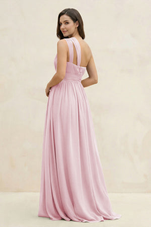 One - Shoulder Pleated A - Line Chiffon Bridesmaid Dress in Candy Pink - SHE IS ME Bridesmaid Dresses