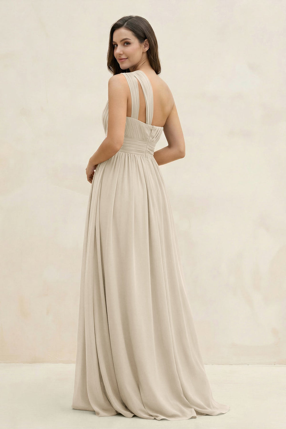 One - Shoulder Pleated A - Line Chiffon Bridesmaid Dress in Champagne - KISS BRIDAL Bridesmaid Dresses