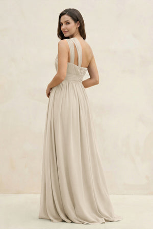 One - Shoulder Pleated A - Line Chiffon Bridesmaid Dress in Champagne - SHE IS ME Bridesmaid Dresses