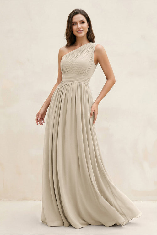 One - Shoulder Pleated A - Line Chiffon Bridesmaid Dress in Champagne - SHE IS ME Bridesmaid Dresses