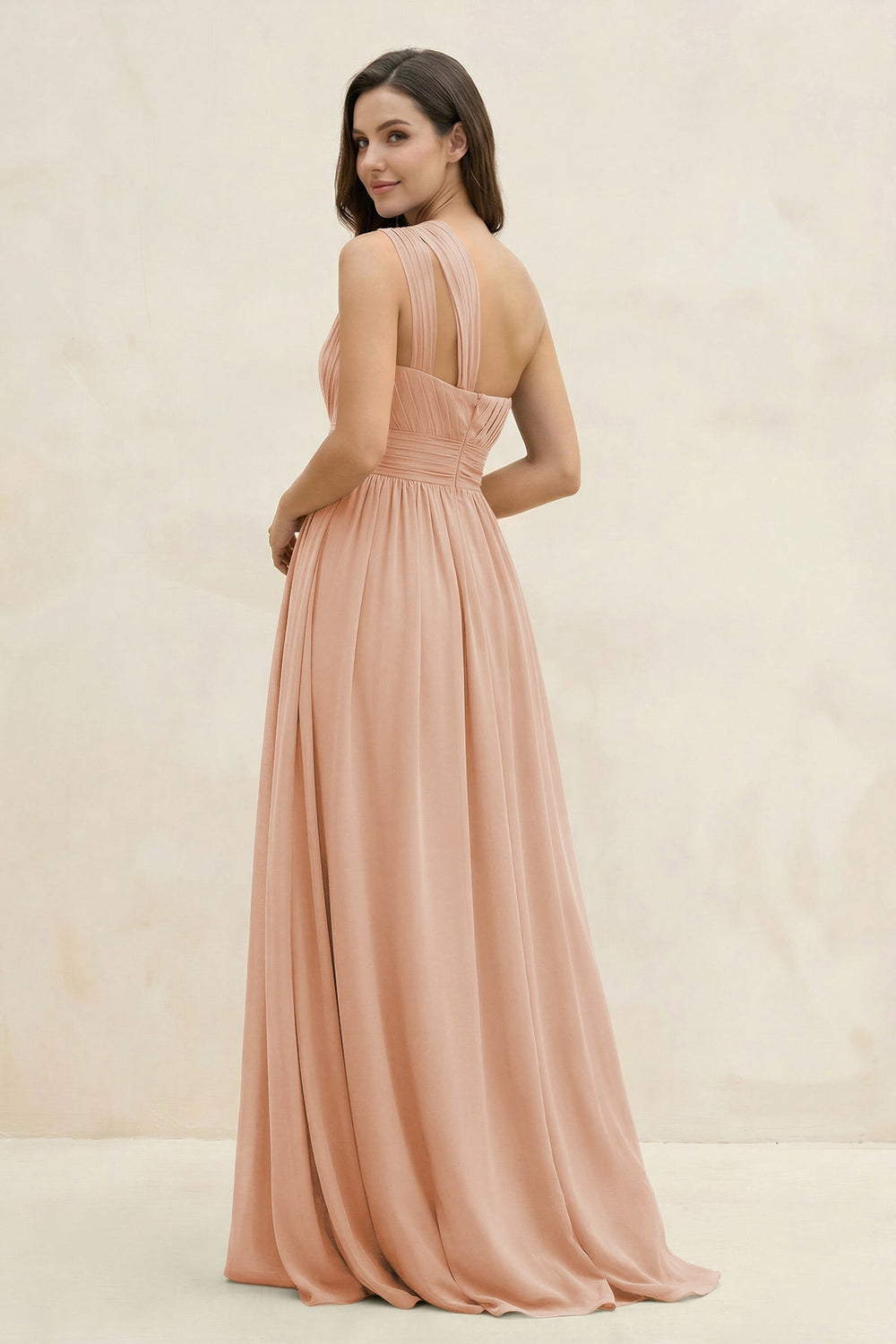 One - Shoulder Pleated A - Line Chiffon Bridesmaid Dress in Champagne Rose - KISS BRIDAL Bridesmaid Dresses