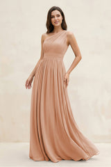 One - Shoulder Pleated A - Line Chiffon Bridesmaid Dress in Champagne Rose - KISS BRIDAL Bridesmaid Dresses