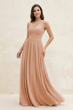 One - Shoulder Pleated A - Line Chiffon Bridesmaid Dress in Champagne Rose - SHE IS ME Bridesmaid Dresses