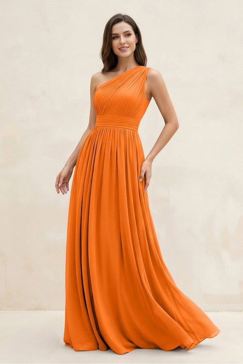One - Shoulder Pleated A - Line Chiffon Bridesmaid Dress in Cinnamon - SHE IS ME Bridesmaid Dresses