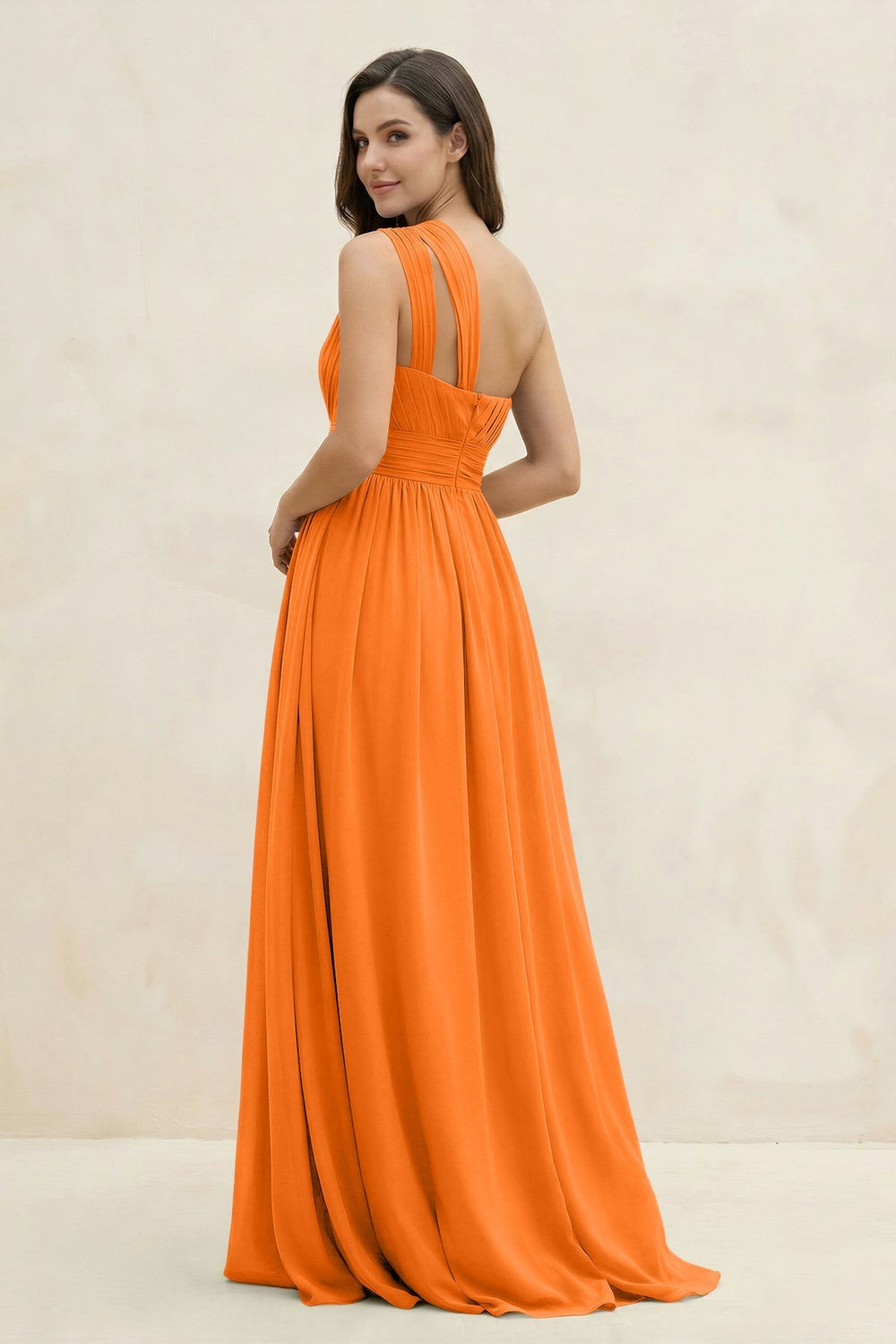 One - Shoulder Pleated A - Line Chiffon Bridesmaid Dress in Cinnamon - KISS BRIDAL Bridesmaid Dresses