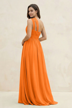 One - Shoulder Pleated A - Line Chiffon Bridesmaid Dress in Cinnamon - SHE IS ME Bridesmaid Dresses