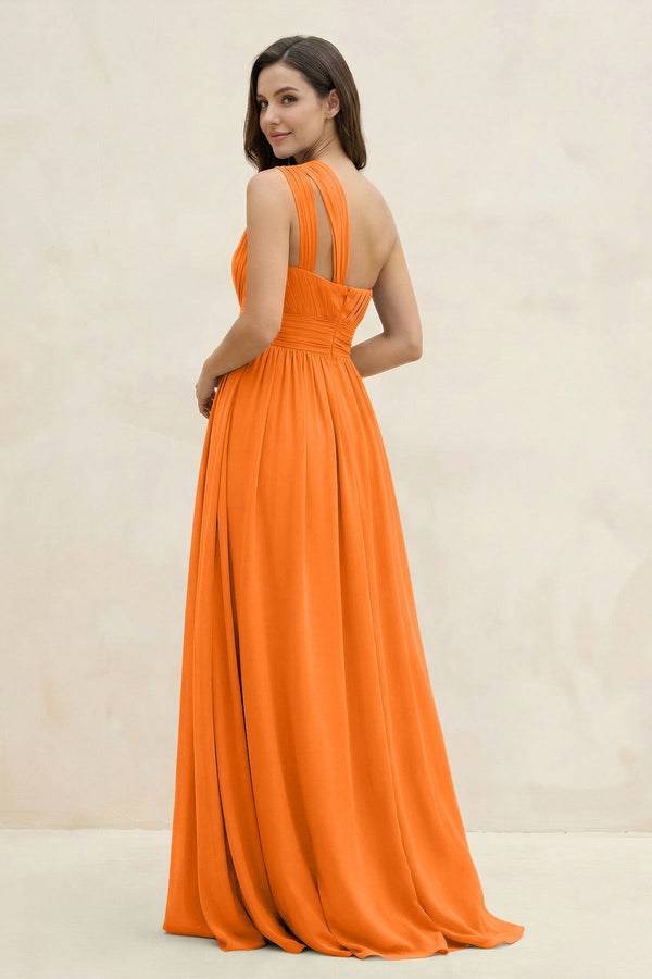 One - Shoulder Pleated A - Line Chiffon Bridesmaid Dress in Cinnamon - SHE IS ME Bridesmaid Dresses