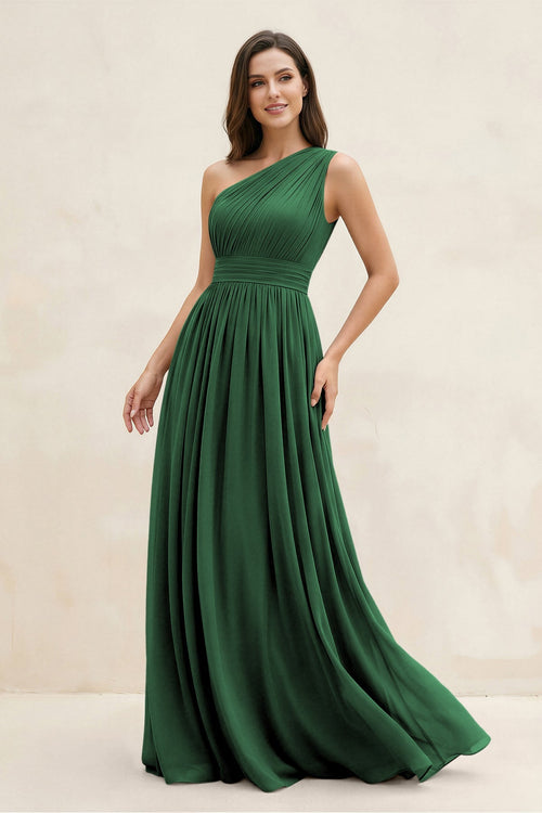 One - Shoulder Pleated A - Line Chiffon Bridesmaid Dress in Dark Green - SHE IS ME Bridesmaid Dresses
