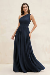 One - Shoulder Pleated A - Line Chiffon Bridesmaid Dress in Dark Navy - KISS BRIDAL Bridesmaid Dresses