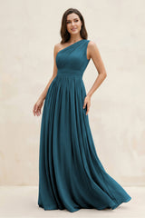 One - Shoulder Pleated A - Line Chiffon Bridesmaid Dress in Dark Teal - KISS BRIDAL Bridesmaid Dresses