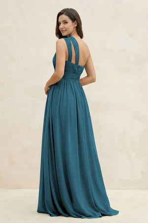 One - Shoulder Pleated A - Line Chiffon Bridesmaid Dress in Dark Teal - SHE IS ME Bridesmaid Dresses