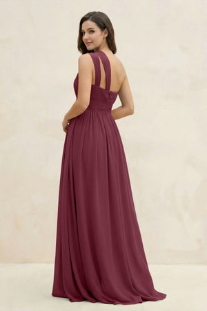 One-Shoulder Pleated A-Line Chiffon Bridesmaid Dress in Desert Rose (2) | KISSBRIDAL