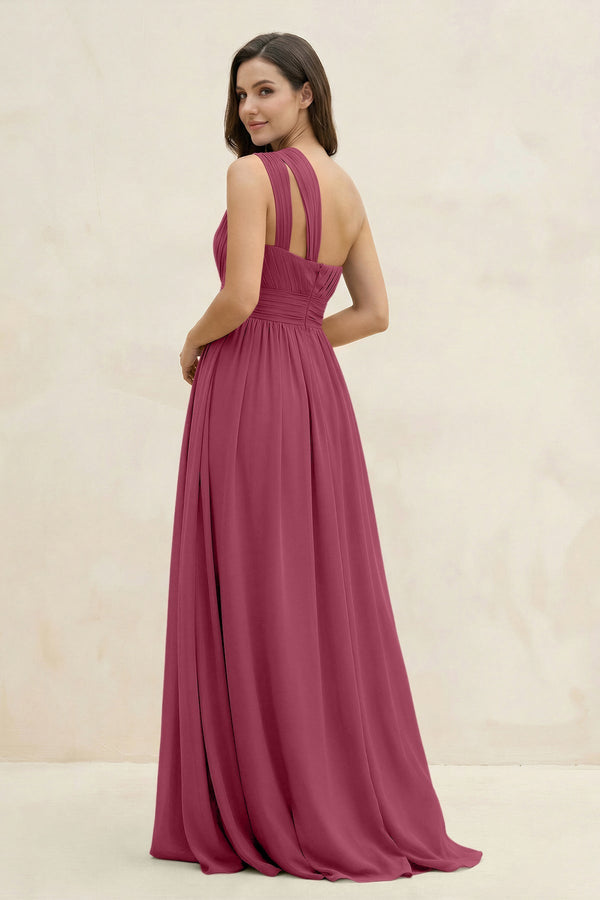 One - Shoulder Pleated A - Line Chiffon Bridesmaid Dress in Desert Rose - SHE IS ME Bridesmaid Dresses