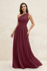 One-Shoulder Pleated A-Line Chiffon Bridesmaid Dress in Desert Rose | KISSBRIDAL