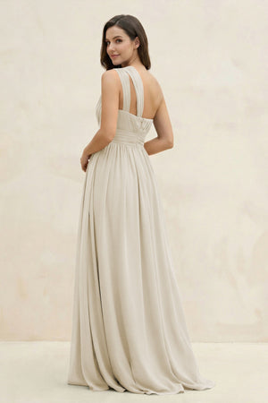 One - Shoulder Pleated A - Line Chiffon Bridesmaid Dress in Dove Gray - SHE IS ME Bridesmaid Dresses
