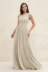 One - Shoulder Pleated A - Line Chiffon Bridesmaid Dress in Dove Gray - KISS BRIDAL Bridesmaid Dresses