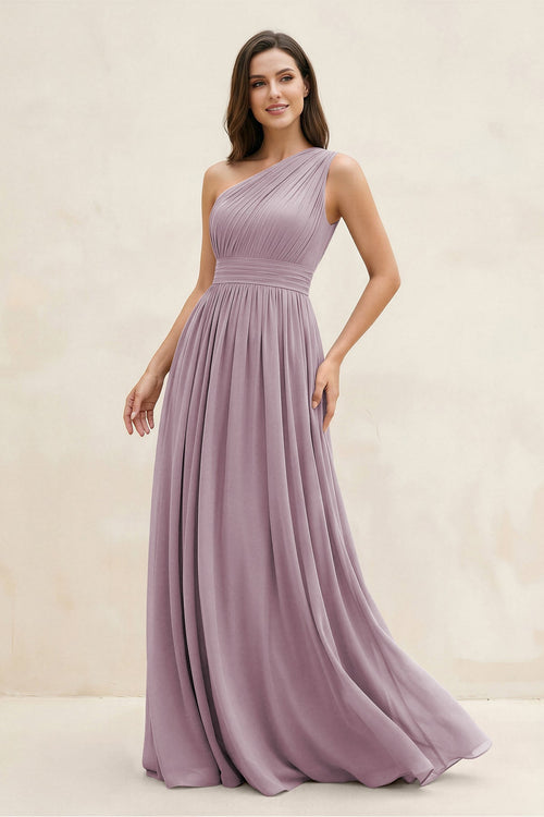 One - Shoulder Pleated A - Line Chiffon Bridesmaid Dress in Dusk - SHE IS ME Bridesmaid Dresses