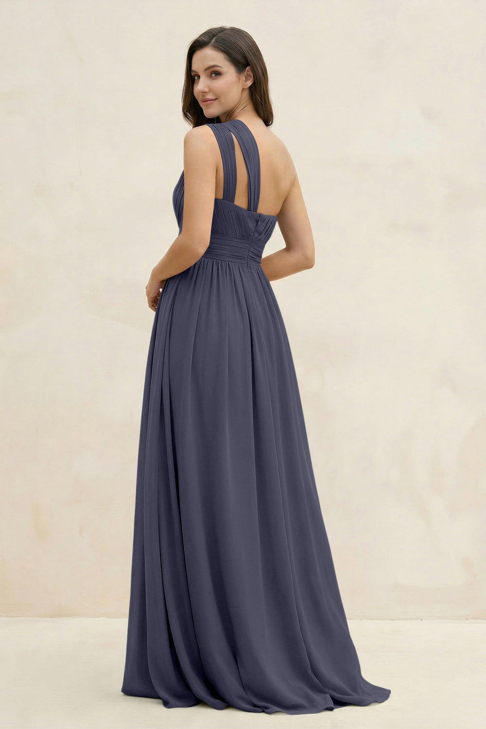 One - Shoulder Pleated A - Line Chiffon Bridesmaid Dress in Dusk Blue - KISS BRIDAL Bridesmaid Dresses