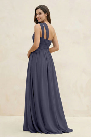 One - Shoulder Pleated A - Line Chiffon Bridesmaid Dress in Dusk Blue - SHE IS ME Bridesmaid Dresses