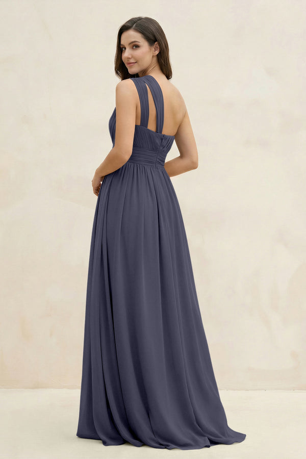 One - Shoulder Pleated A - Line Chiffon Bridesmaid Dress in Dusk Blue - SHE IS ME Bridesmaid Dresses