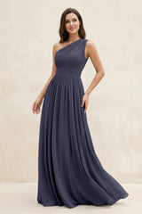 One - Shoulder Pleated A - Line Chiffon Bridesmaid Dress in Dusk Blue - KISS BRIDAL Bridesmaid Dresses