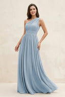 One - Shoulder Pleated A - Line Chiffon Bridesmaid Dress in Dusty Blue - SHE IS ME Bridesmaid Dresses
