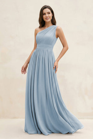 One - Shoulder Pleated A - Line Chiffon Bridesmaid Dress in Dusty Blue - SHE IS ME Bridesmaid Dresses