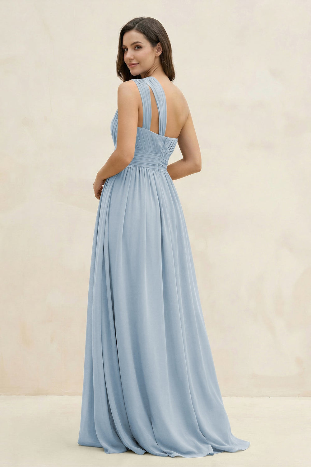 One - Shoulder Pleated A - Line Chiffon Bridesmaid Dress in Dusty Blue - KISS BRIDAL Bridesmaid Dresses