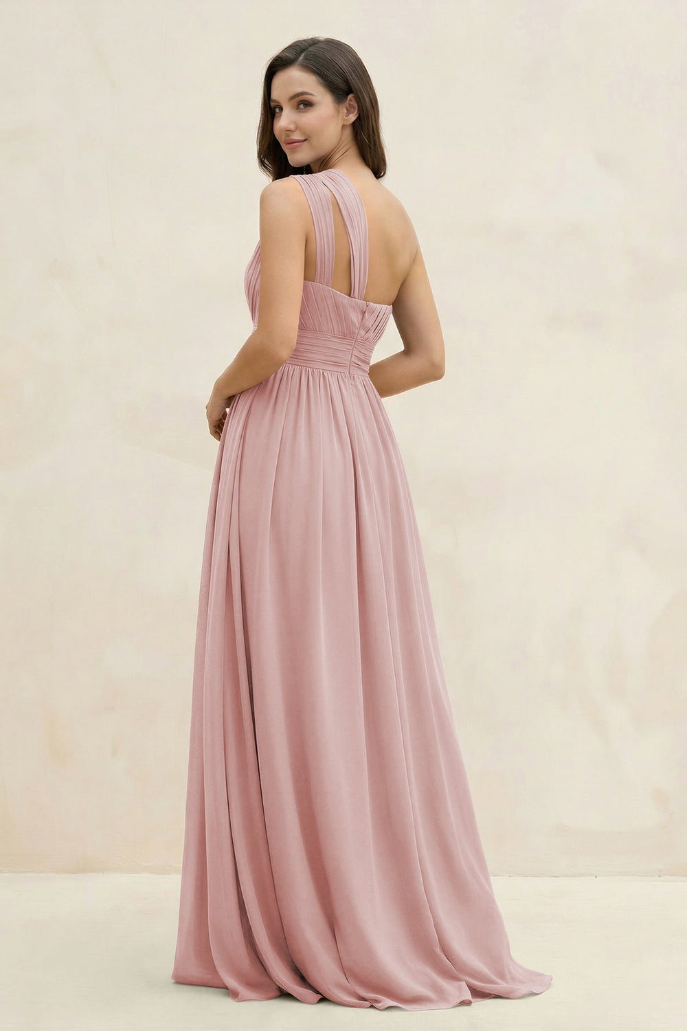 One - Shoulder Pleated A - Line Chiffon Bridesmaid Dress in Dusty Rose - KISS BRIDAL Bridesmaid Dresses