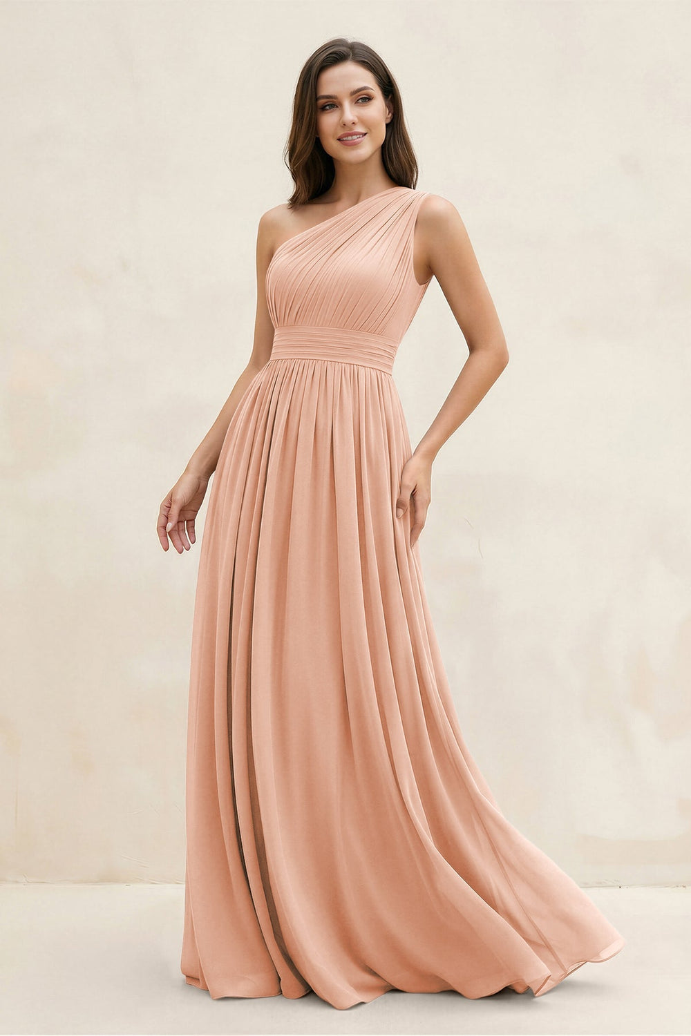 One - Shoulder Pleated A - Line Chiffon Bridesmaid Dress in English Rose - KISS BRIDAL Bridesmaid Dresses